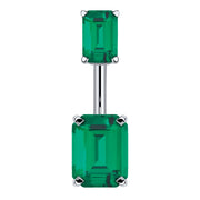 14k white gold belly ring with double emerald-cut dark green CZ stones in four-prong settings, front view