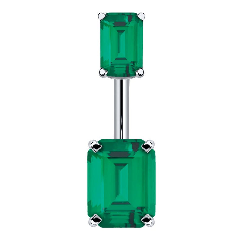 14k white gold belly ring with double emerald-cut dark green CZ stones in four-prong settings, front view