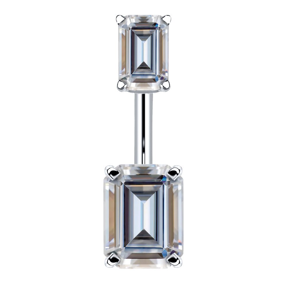 Double Emerald Cut Cubic Zirconia 14k Gold Belly Ring-14k White Gold   Clear