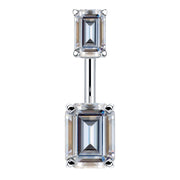 14k white gold belly ring with double emerald-cut clear CZ stones in four-prong settings, front view