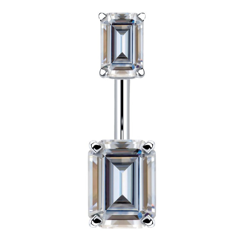 14k white gold belly ring with double emerald-cut clear CZ stones in four-prong settings, front view