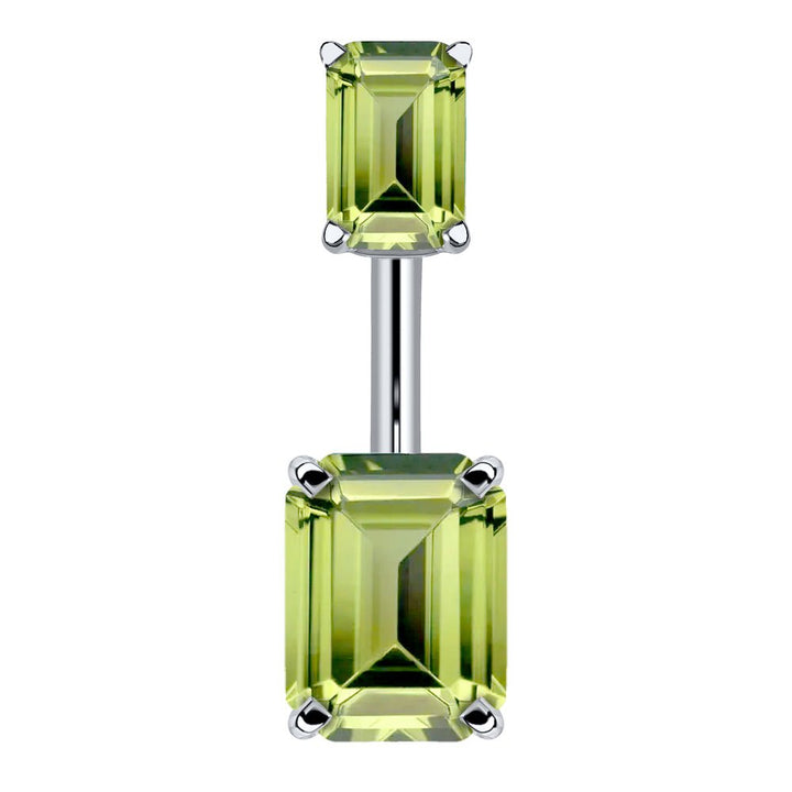 Double Emerald Cut Cubic Zirconia 14k Gold Belly Ring-14k White Gold   Light Green