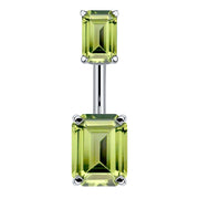 14k white gold belly ring with double emerald-cut light green CZ stones in four-prong settings, front view