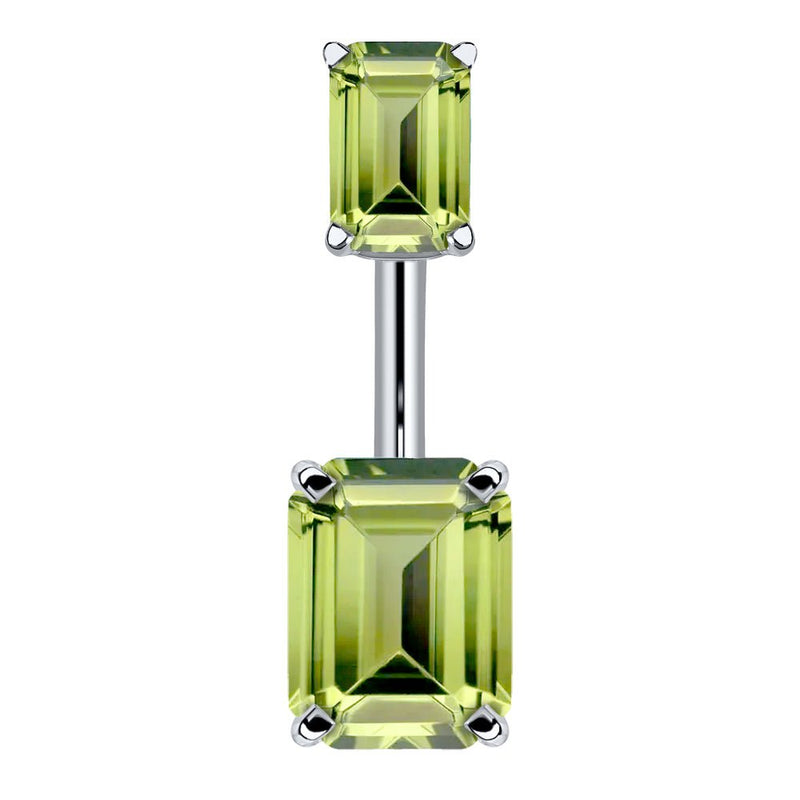 14k white gold belly ring with double emerald-cut light green CZ stones in four-prong settings, front view