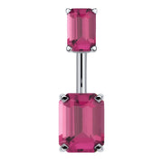 14k white gold belly ring with double emerald-cut pink CZ stones in four-prong settings, front view