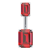 14k white gold belly ring with double emerald-cut red CZ stones in four-prong settings, front view