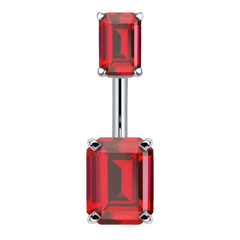14k white gold belly ring with double emerald-cut red CZ stones in four-prong settings, front view