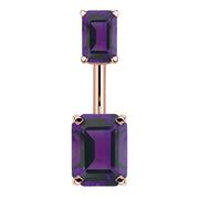 14k rose gold belly ring with double emerald-cut purple CZ stones in four-prong settings, front view