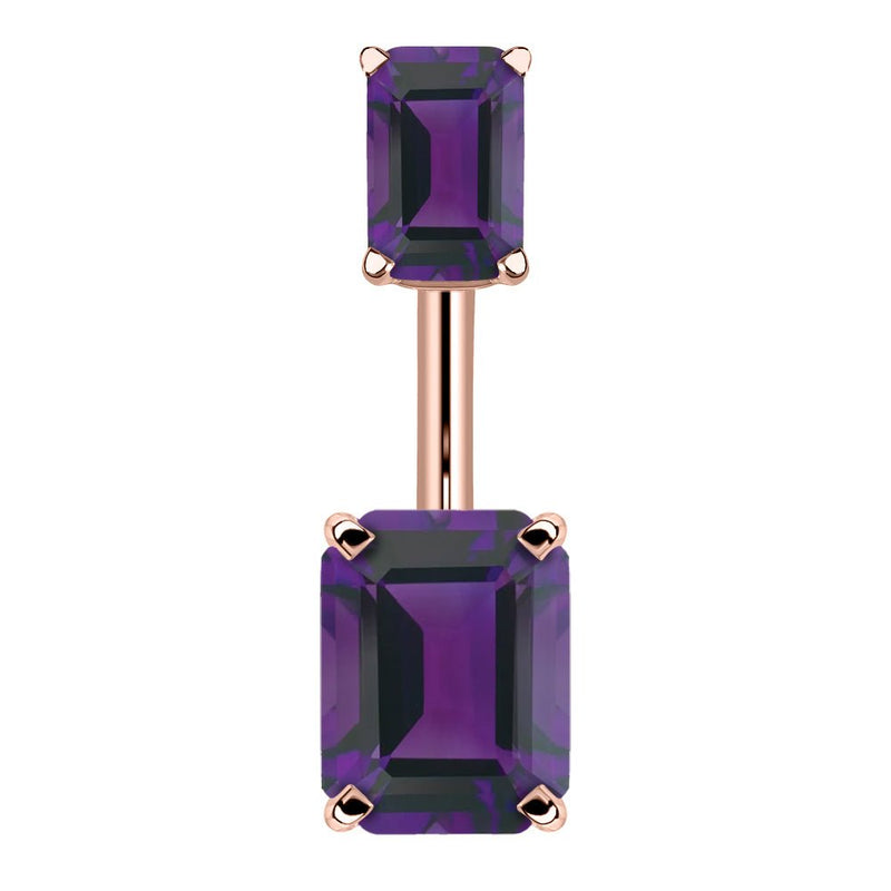 14k rose gold belly ring with double emerald-cut purple CZ stones in four-prong settings, front view