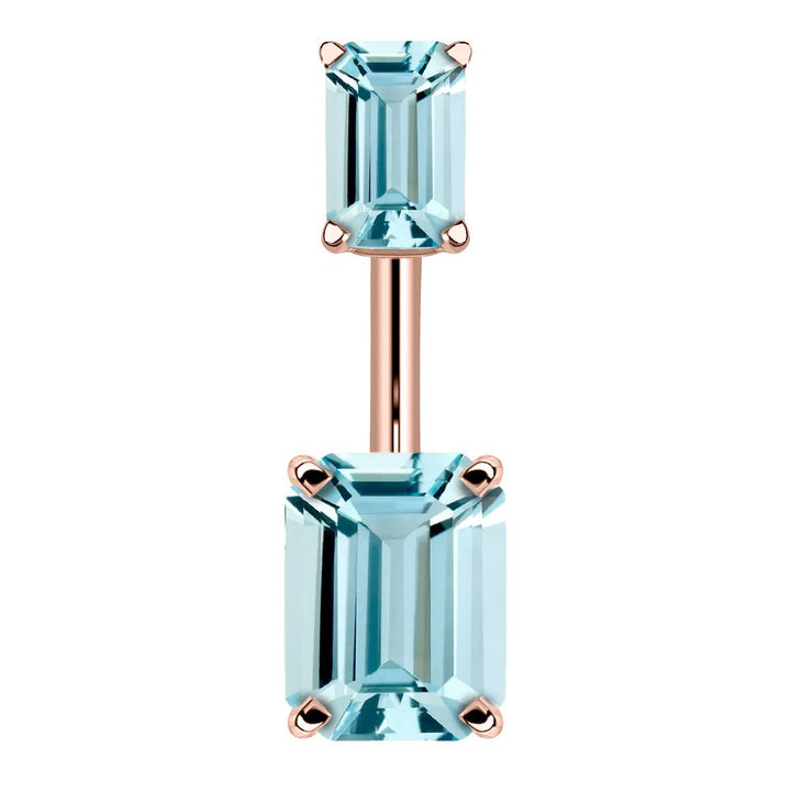 Double Emerald Cut Cubic Zirconia 14k Gold Belly Ring-14k Rose Gold   Light Blue