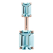 14k rose gold belly ring with double emerald-cut light blue CZ stones in four-prong settings, front view