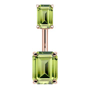 14k rose gold belly ring with double emerald-cut light green CZ stones in four-prong settings, front view