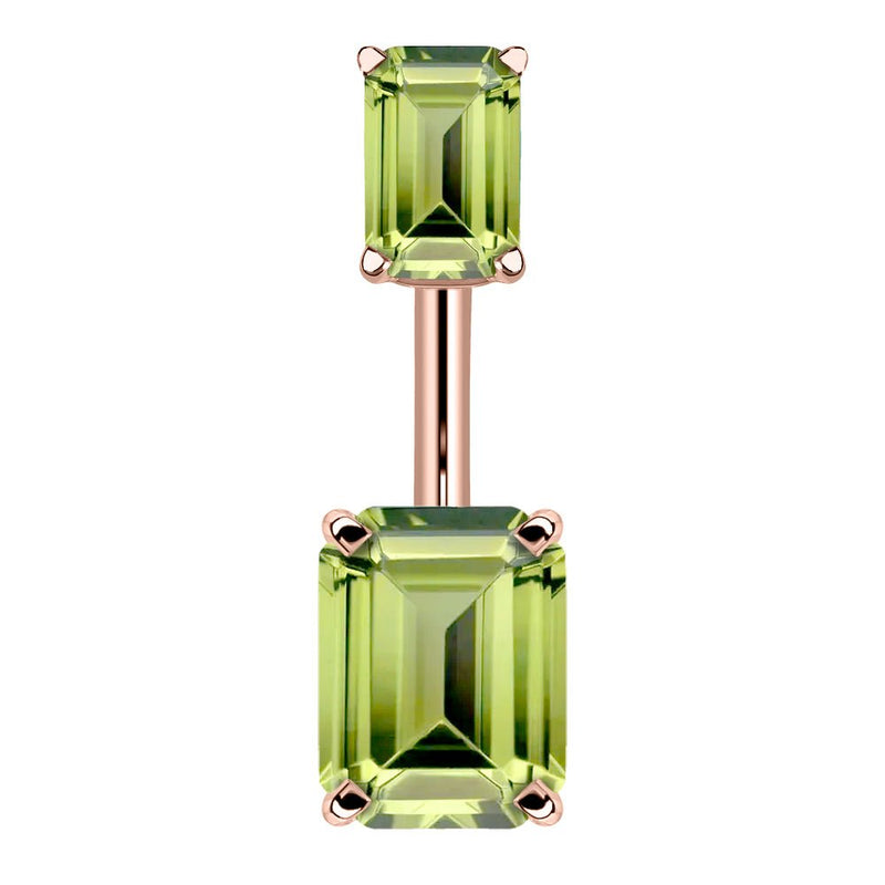 14k rose gold belly ring with double emerald-cut light green CZ stones in four-prong settings, front view