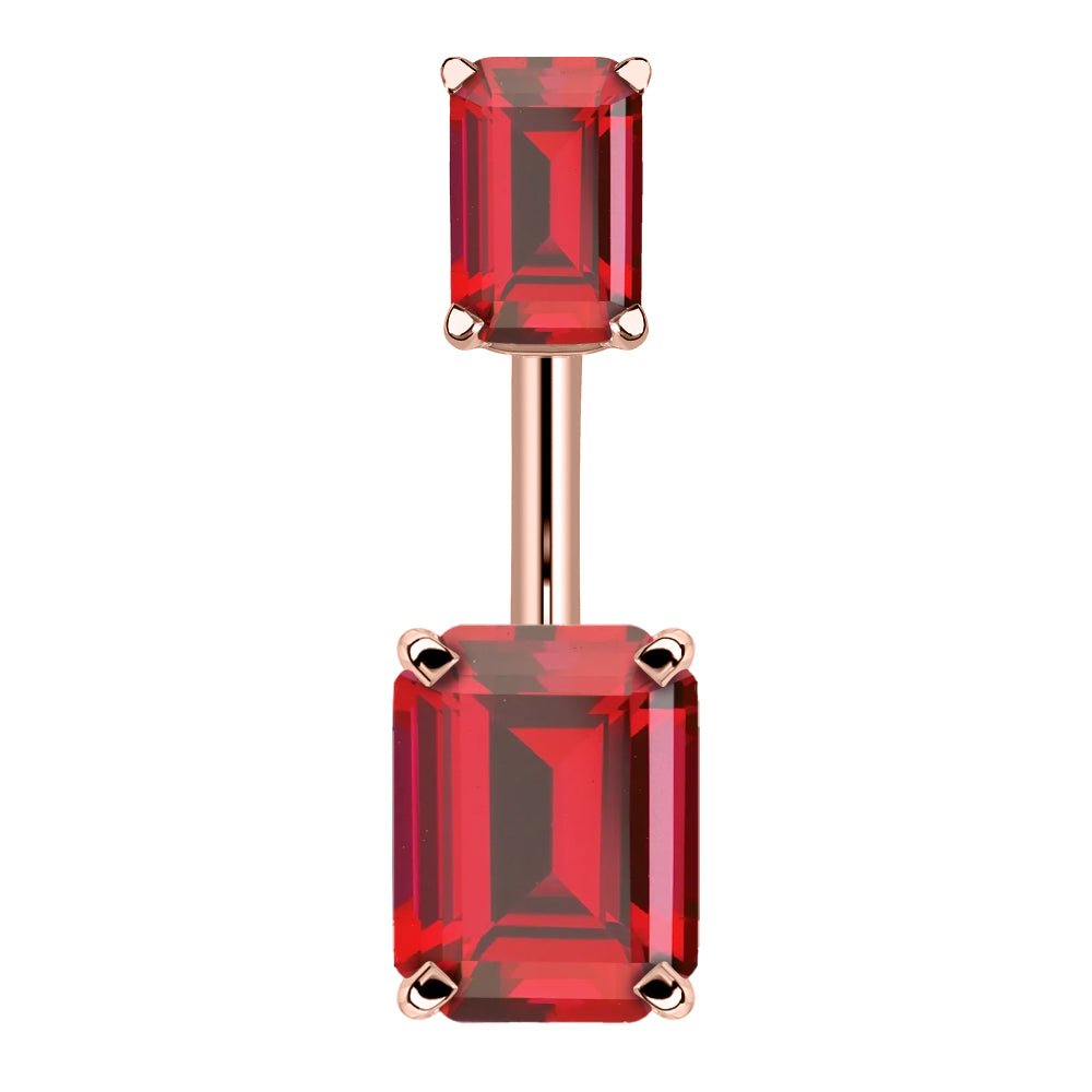 Double Emerald Cut Cubic Zirconia 14k Gold Belly Ring-14k Rose Gold   Red