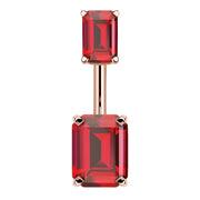14k rose gold belly ring with double emerald-cut red CZ stones in four-prong settings, front view