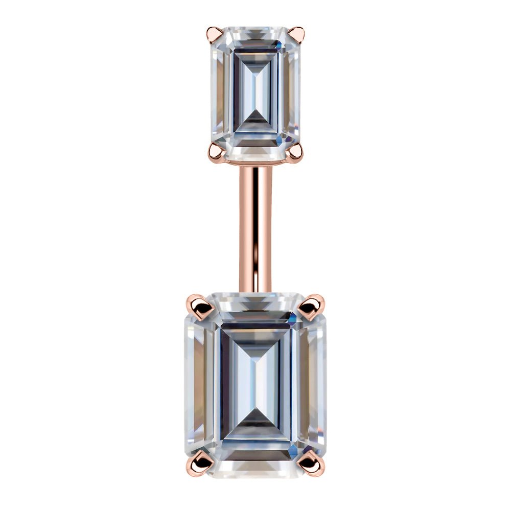 Double Emerald Cut Cubic Zirconia 14k Gold Belly Ring-14k Rose Gold   Clear