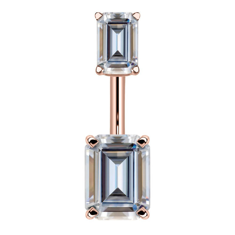 14k rose gold belly ring with double emerald-cut clear CZ stones in four-prong settings, front view