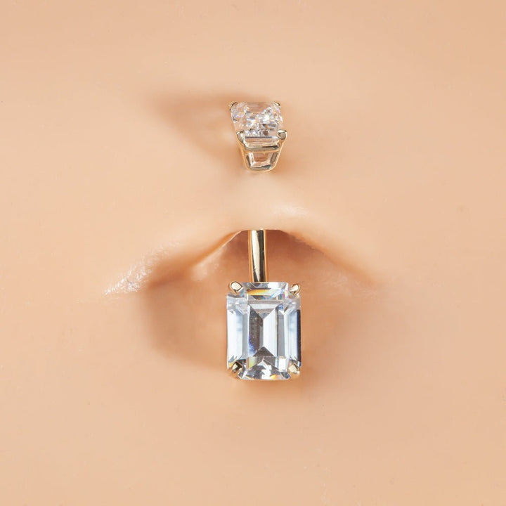 Double Emerald Cut Cubic Zirconia 14k Gold Belly Ring