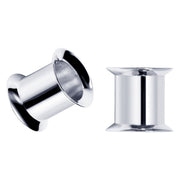 Pair of 14k white gold double flare tunnel plugs shown from angled and front view, polished finish