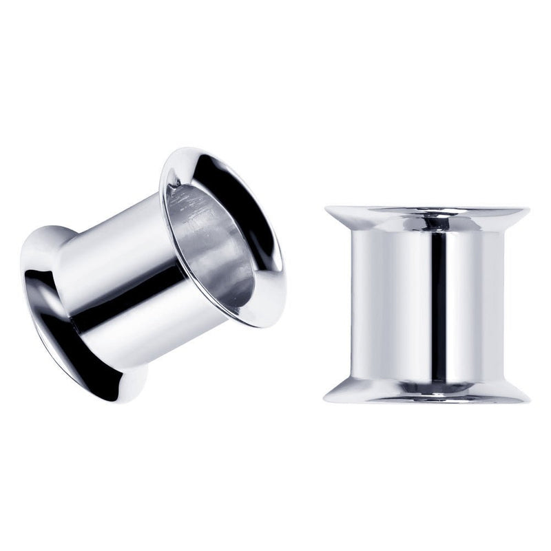Pair of 14k white gold double flare tunnel plugs shown from angled and front view, polished finish