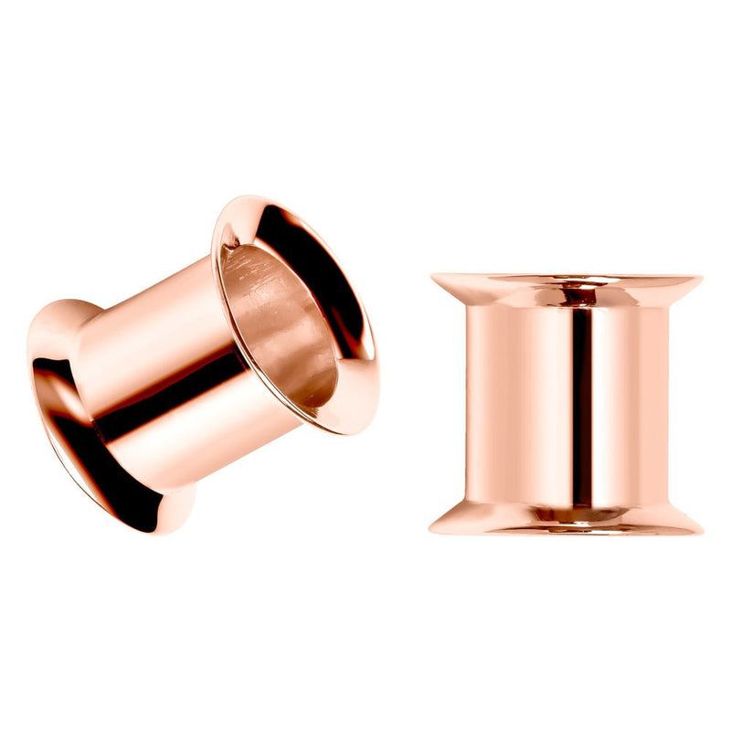 Pair of 14k rose gold double flare tunnel plugs, angled and front view showing double flare lips