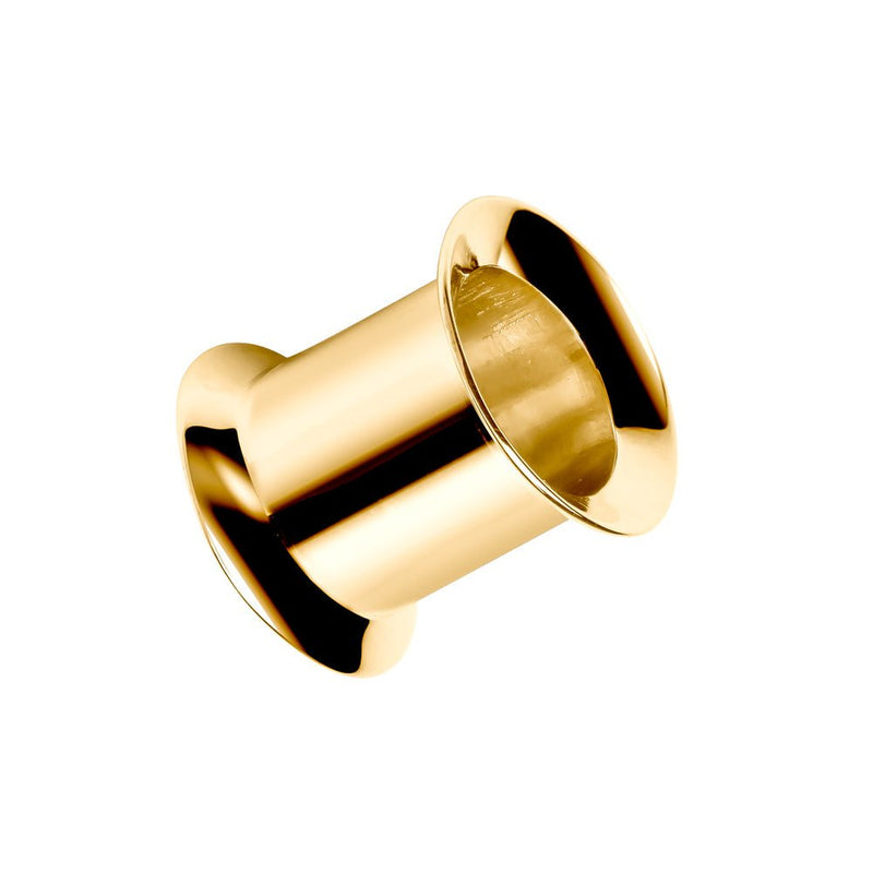 Close-up angled view of single 14k yellow gold double flare tunnel showing hollow opening and flare detail