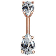 14k rose gold belly ring with double clear pear-cut CZ gems in basket settings, front view