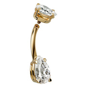 Side profile of 14k yellow gold double pear CZ belly ring showing curved barbell and basket settings