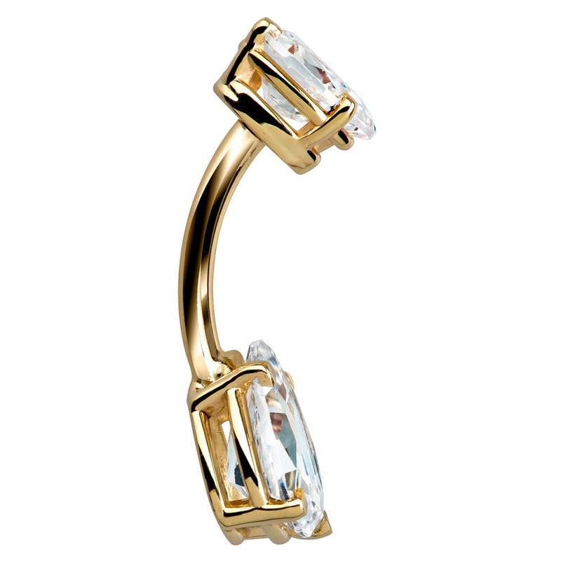 Alternate side view of 14k yellow gold double pear CZ navel ring highlighting the prong detail edge-on