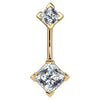 14k yellow gold belly ring with double clear princess-cut CZ gems in four-prong settings, front view