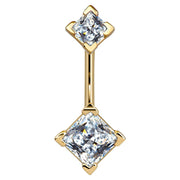 14k yellow gold belly ring with double clear princess-cut CZ gems in four-prong settings, front view