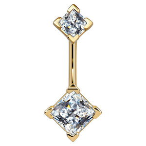 14k yellow gold belly ring with double clear princess-cut CZ gems in four-prong settings, front view