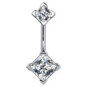 14k white gold belly ring with double clear princess-cut CZ gems in four-prong settings, front view