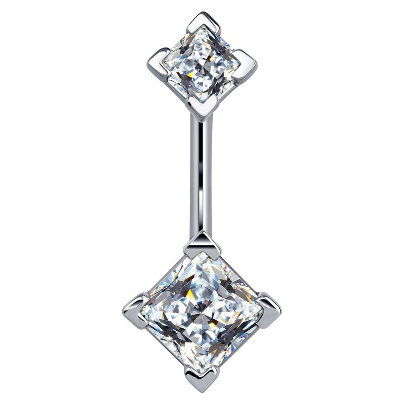 14k white gold belly ring with double clear princess-cut CZ gems in four-prong settings, front view