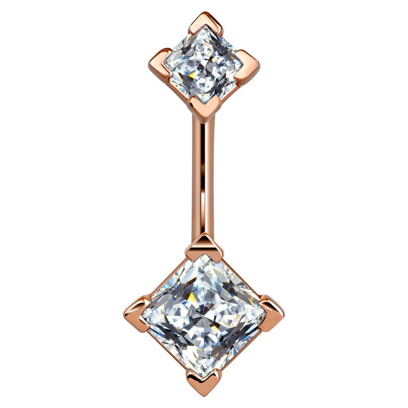 14k rose gold belly ring with double clear princess-cut CZ gems in four-prong settings, front view