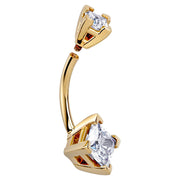 Side profile of 14k yellow gold double princess-cut CZ navel ring showing barbell curve and prong detail