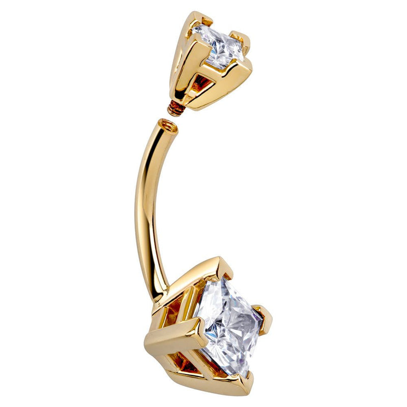 Side profile of 14k yellow gold double princess-cut CZ navel ring showing barbell curve and prong detail