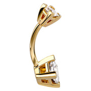 Deep side profile of 14k yellow gold double princess-cut navel ring showing open-back prong construction