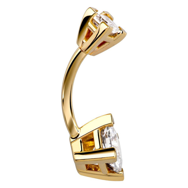 Deep side profile of 14k yellow gold double princess-cut navel ring showing open-back prong construction