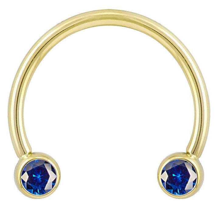 Blue Cubic Zirconia Round Bezel 14k Gold Circular Barbell-14K Yellow Gold   16G (1.2mm)   1 2" (13mm)