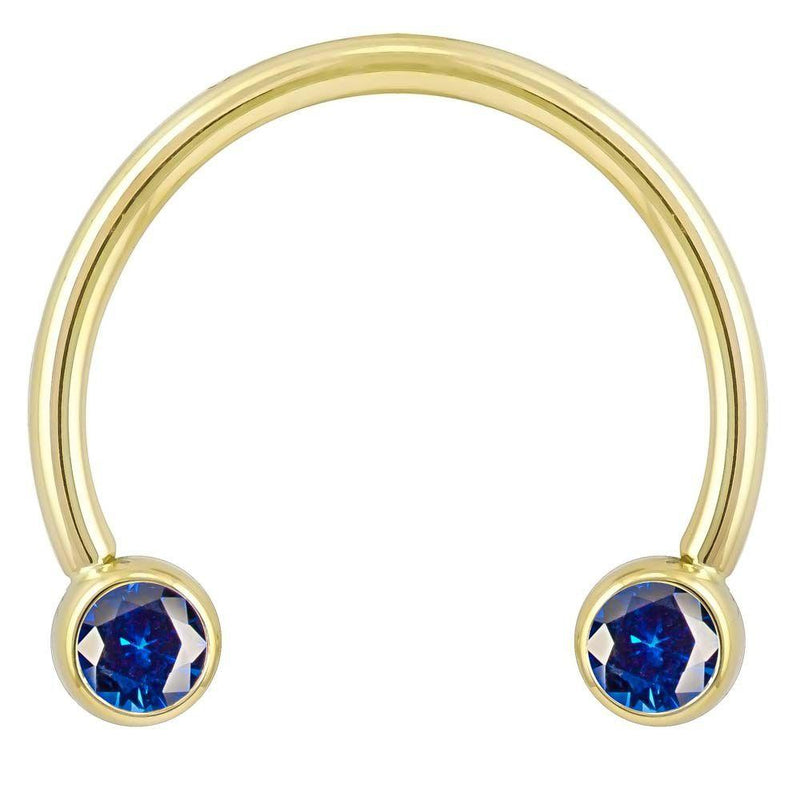 14k yellow gold blue CZ circular barbell, smaller diameter front view showing bezel-set round-cut stones