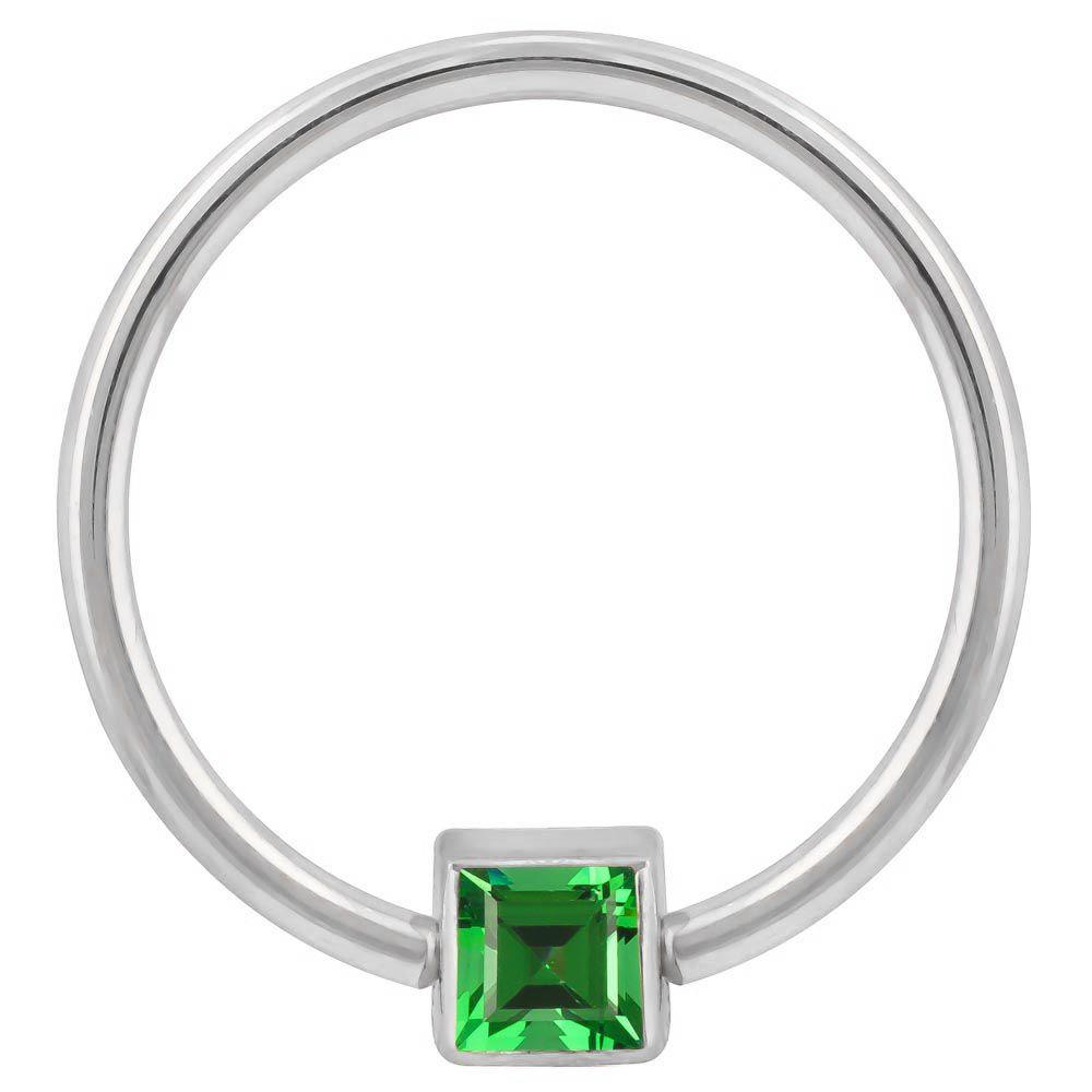 Green Cubic Zirconia Princess Cut 14k Gold Captive Bead Ring-14K White Gold   12G (2.0mm)   3 4" (19mm)
