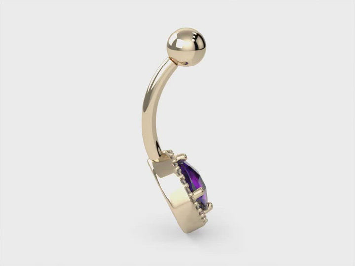 Video Amethyst & Diamond Antiqued Cushion Cut 14k Gold Belly Ring