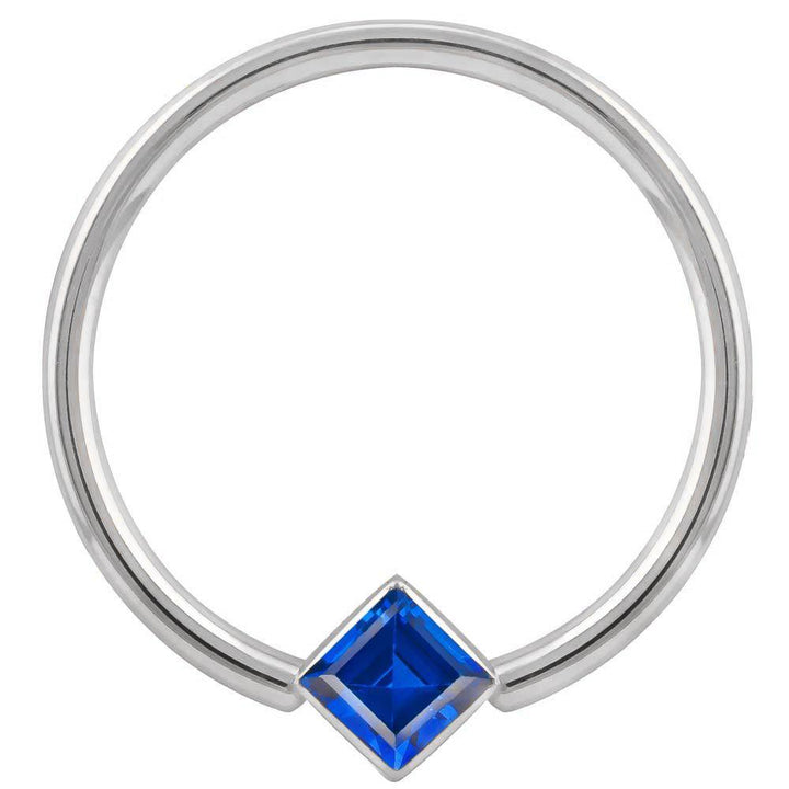 Blue Cubic Zirconia Princess Cut Corner Mount 14k Gold Captive Bead Ring-14K White Gold   12G (2.0mm)   3 4" (19mm)