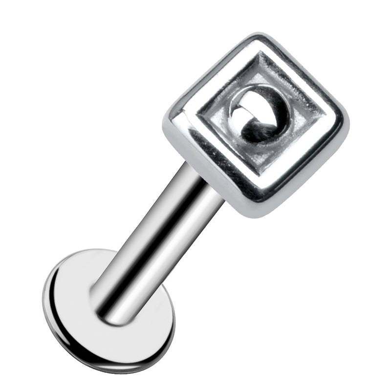 14k white gold Balinese square flat back labret stud, angled view highlighting the geometric square top detail