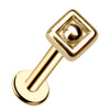 14k yellow gold Balinese square flat back labret stud, angled view showing diamond-shaped top and flat disc backing