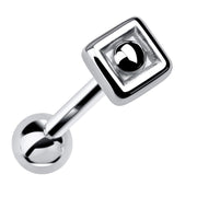14k white gold Balinese square cartilage stud, angled view highlighting recessed square setting and ball back