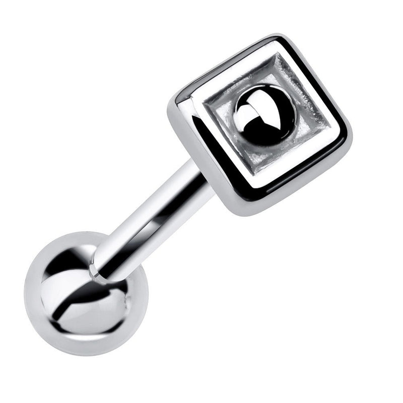 14k white gold Balinese square cartilage stud, angled view highlighting recessed square setting and ball back