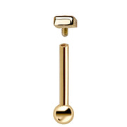 14k yellow gold square cartilage stud disassembled, showing internally threaded barbell and square top