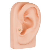 Balinese square 14k gold cartilage stud worn in lobe piercing on ear model showing dainty fit